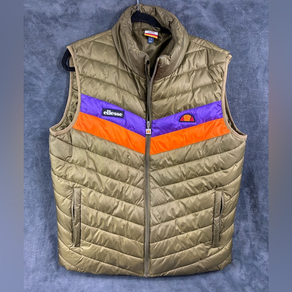 Ellesse Khaki Puffer Vest with Bold Orange and Purple Stripes